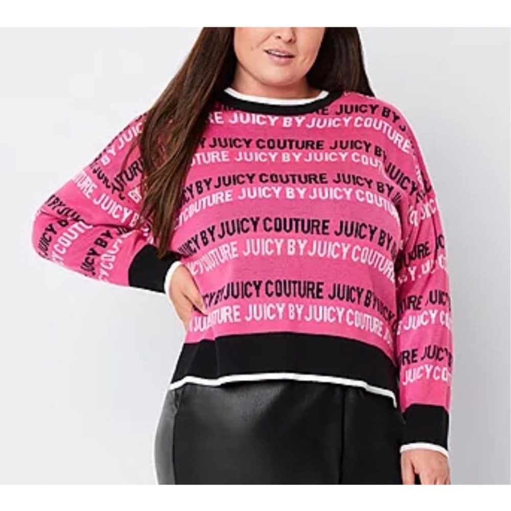 Juicy Couture Sweater M Pink Logo Allover Graphic Stripe Crewneck Knit Boxy Y2K